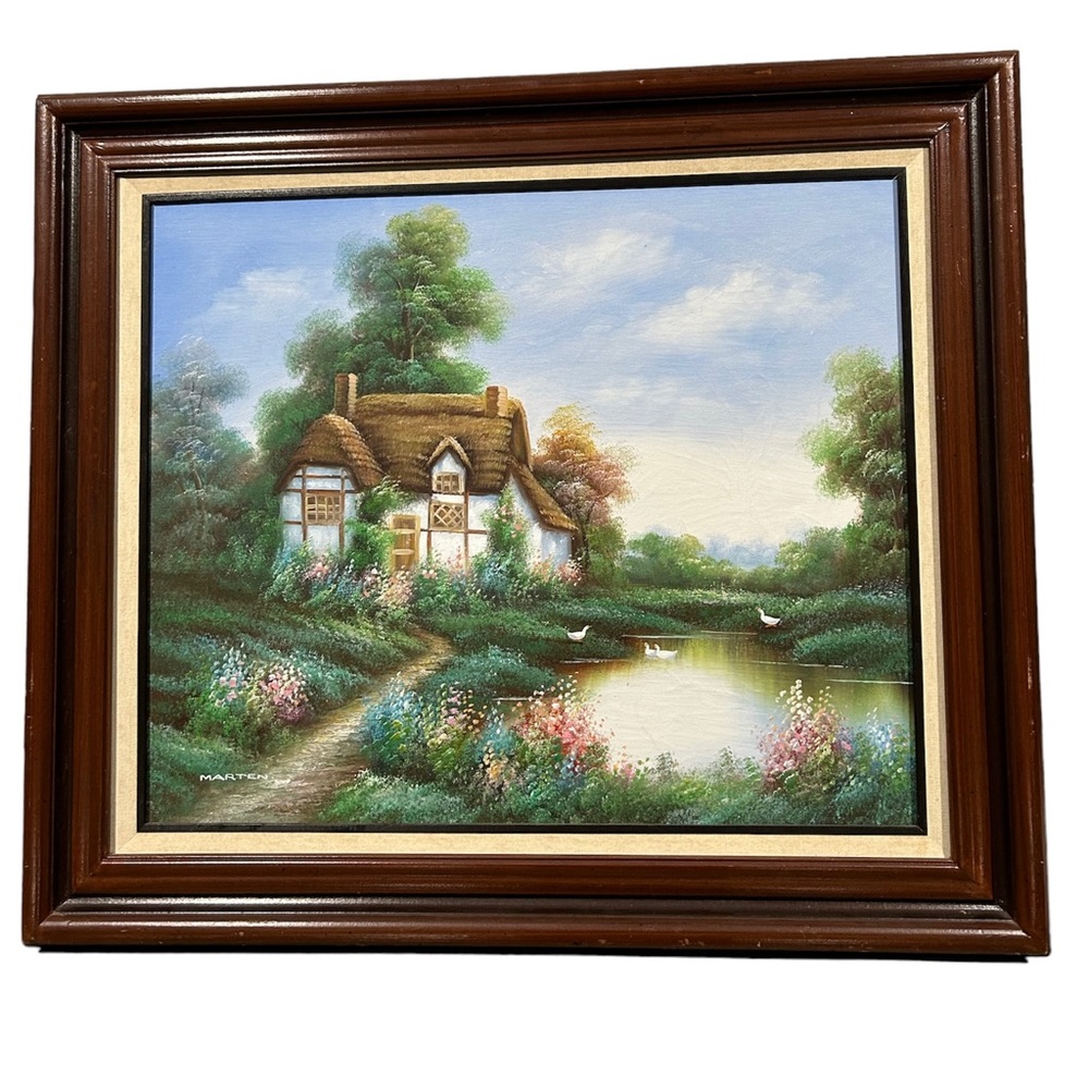 Original Artist MARTEN  OIL On Canvas Cottage Garden Country Scene vintage